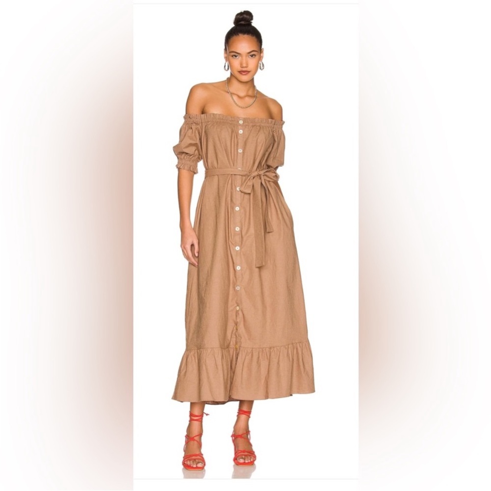 Tularosa Kami Midi Dress in Hazelnut Brown Linen Blend Off Shoulder Sz Small NEW